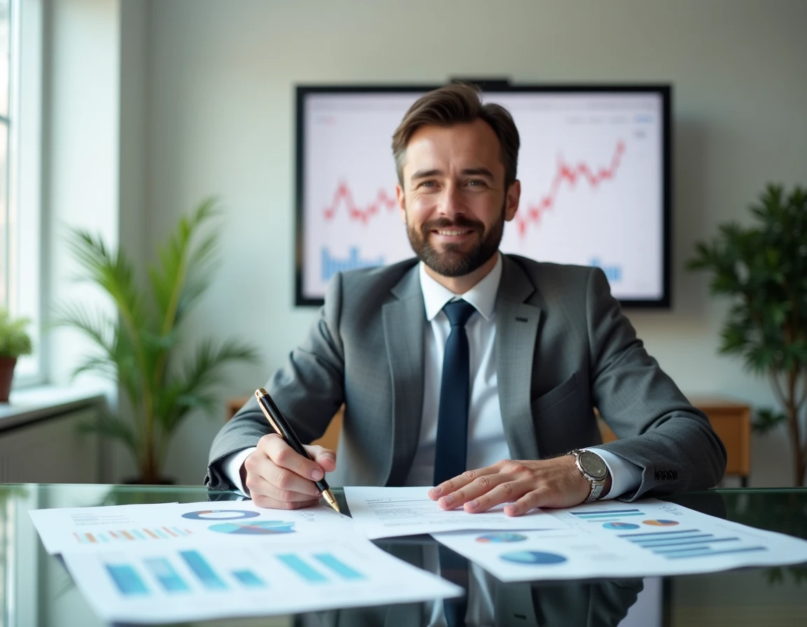 Agent immobilier analysant des graphiques de tendances du marché immobilier 2024 dans un bureau moderne