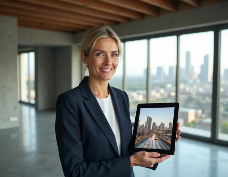 Agente immobilière tenant une tablette avec des plans d'appartement dans un logement moderne en rénovation avec vue urbaine