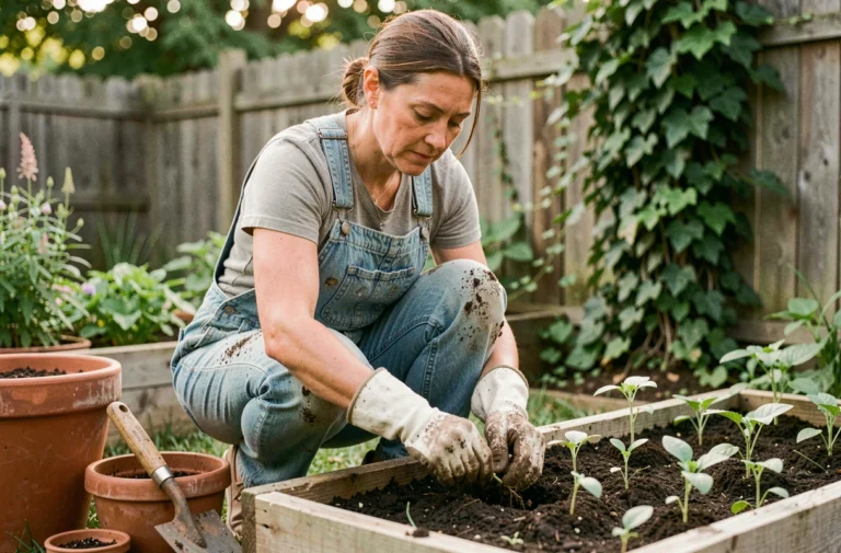 Femme jardinant dans un potager surélevé en bois, transplantant des plants avec des gants de jardinage en argile