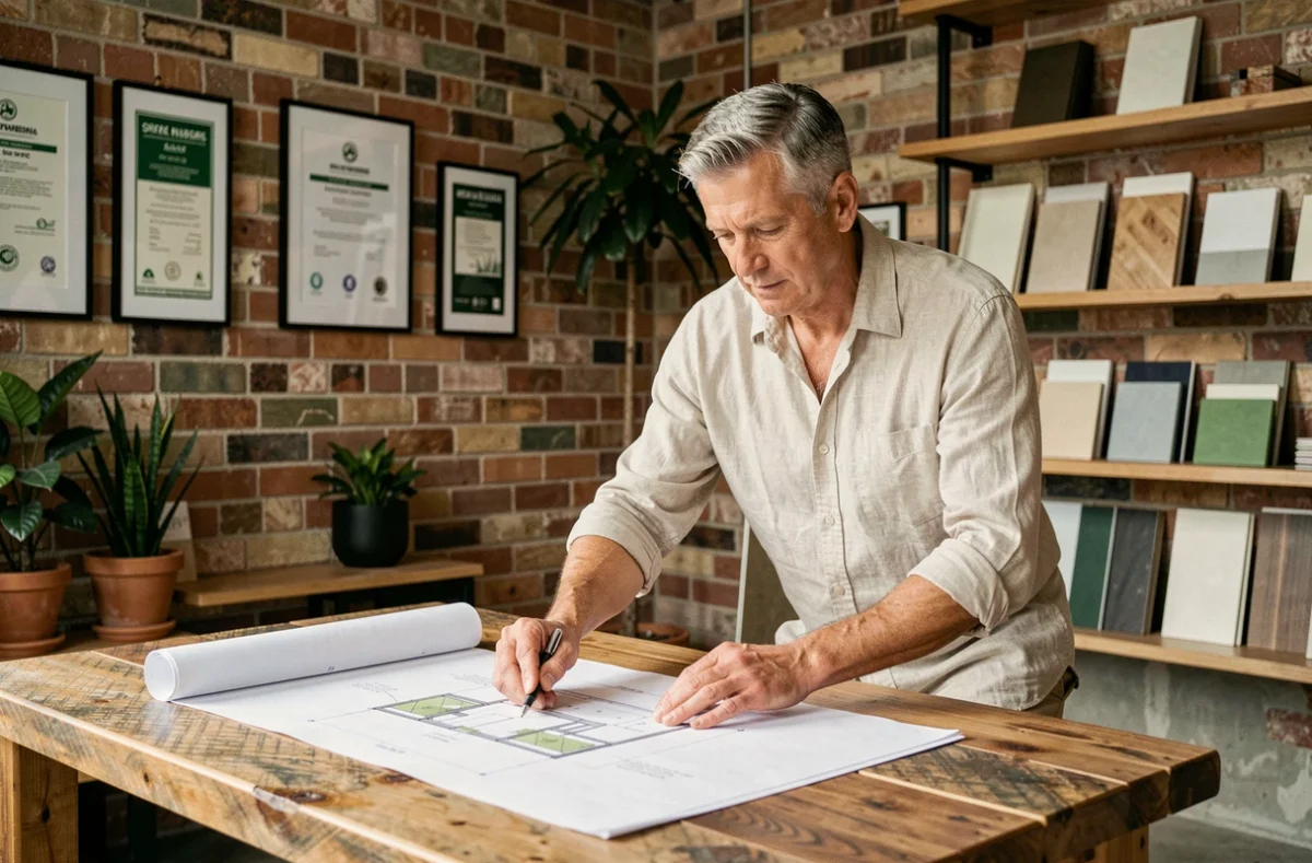 Architecte spécialisé en construction éco-responsable étudiant des plans de bâtiment durable dans un bureau à matériaux recyclés