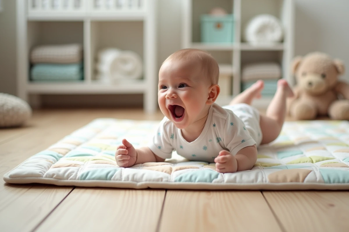 Bébé allongé sur un tapis d'éveil qui arque le dos et jette la tête en arrière