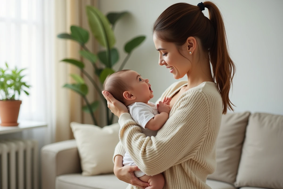 Mère tenant son bébé qui jette la tête en arrière dans un salon chaleureux
