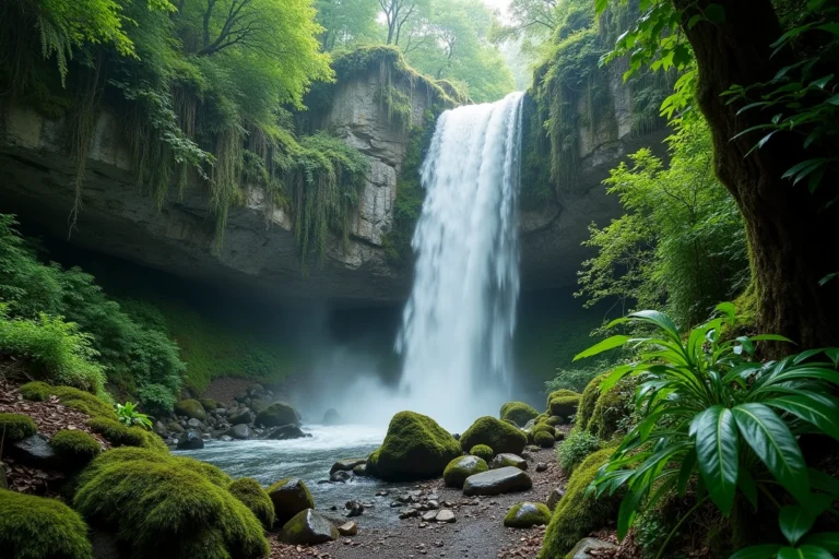 Cascade du Grand Baou tombant sur des rochers granitiques couverts de mousse dans une forêt méditerranéenne luxuriante