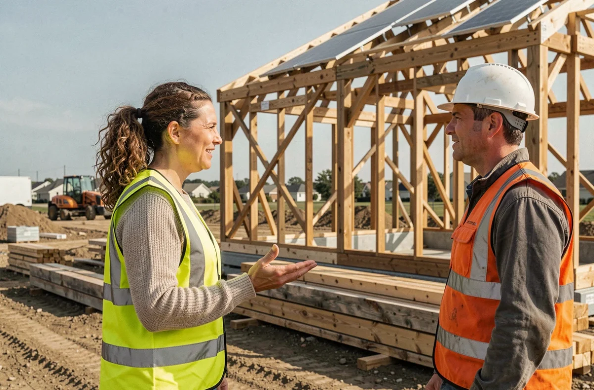 Cheffe de chantier supervisant la construction d'un bâtiment éco-responsable en structure bois avec panneaux solaires