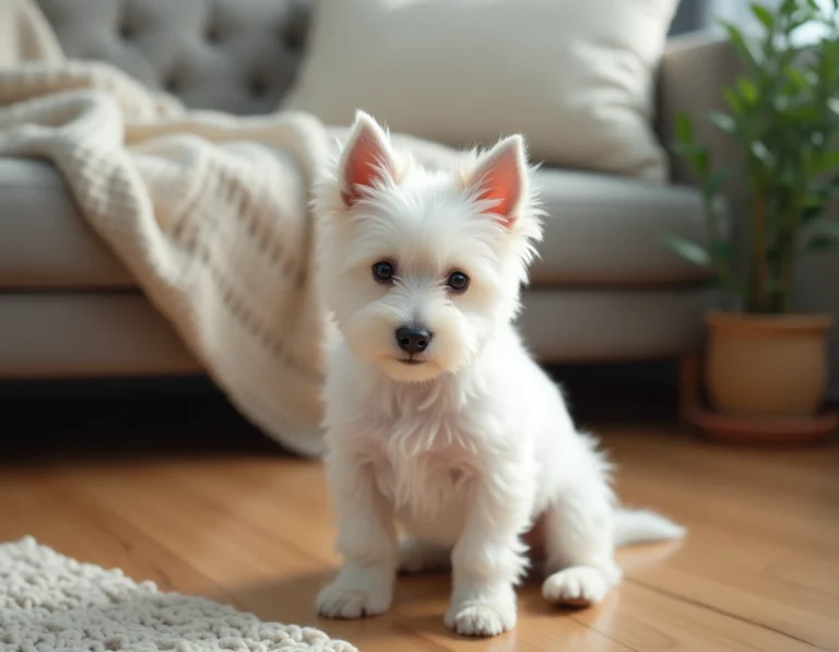Chiot Westie assis sur un parquet en bois dans un salon chaleureux, regardant l'objectif avec curiosité