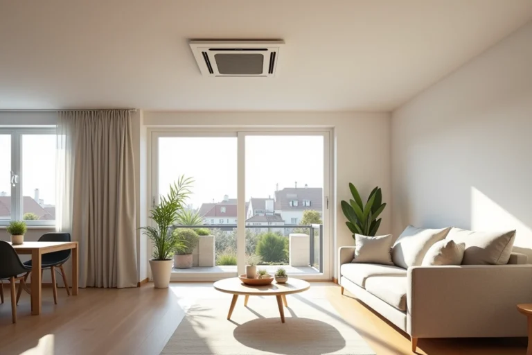 Climatisation gainable Daikin intégrée dans le plafond d'un salon moderne à Montpellier avec parquet en chêne et décoration minimaliste