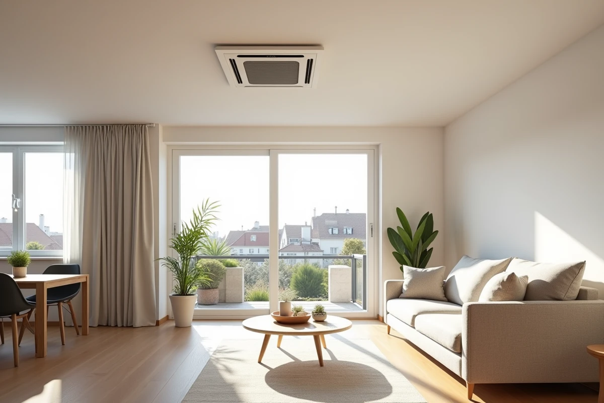 Climatisation gainable Daikin intégrée dans le plafond d'un salon moderne à Montpellier avec parquet en chêne et décoration minimaliste