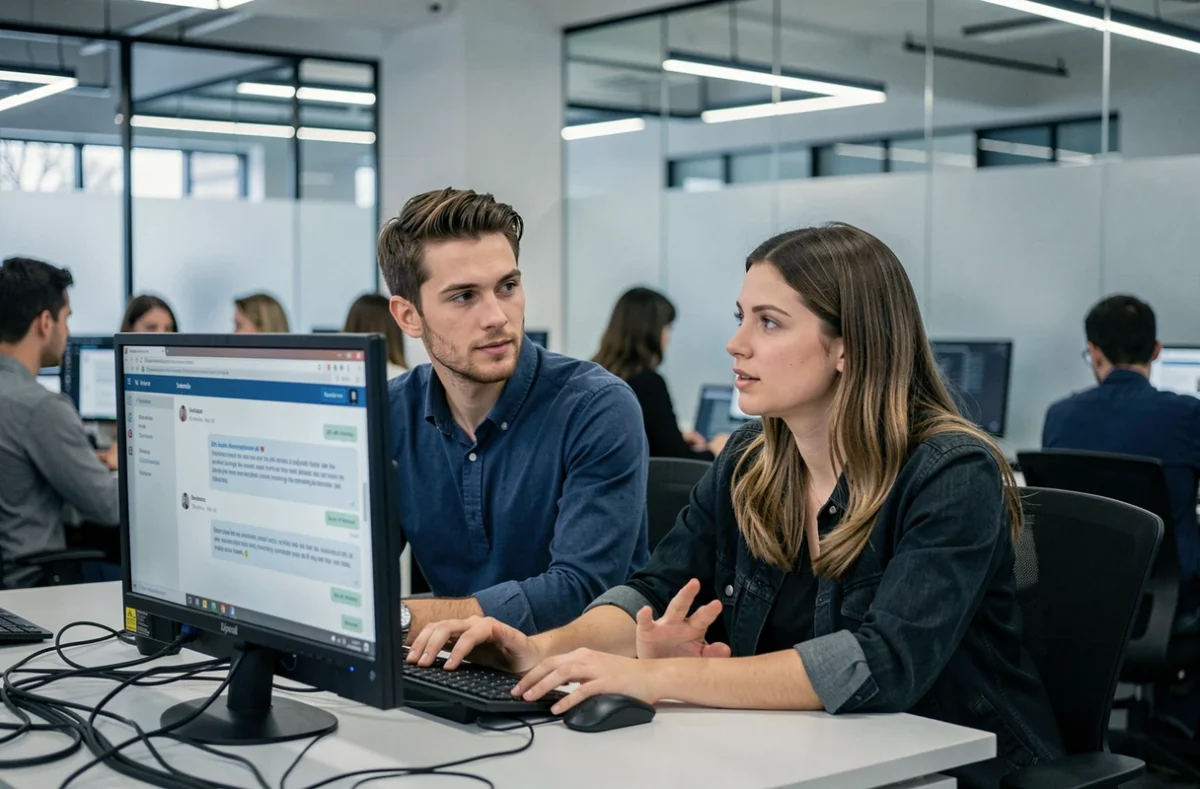 Deux collègues discutant d'alternatives sécurisées au tchat anonyme en ligne dans un bureau moderne