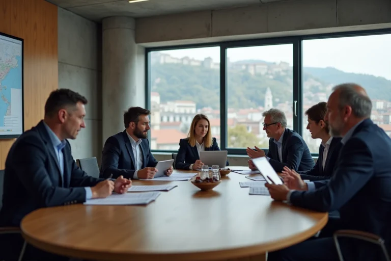 Élus d'une intercommunalité réunis en conseil communautaire autour d'une table de réunion moderne