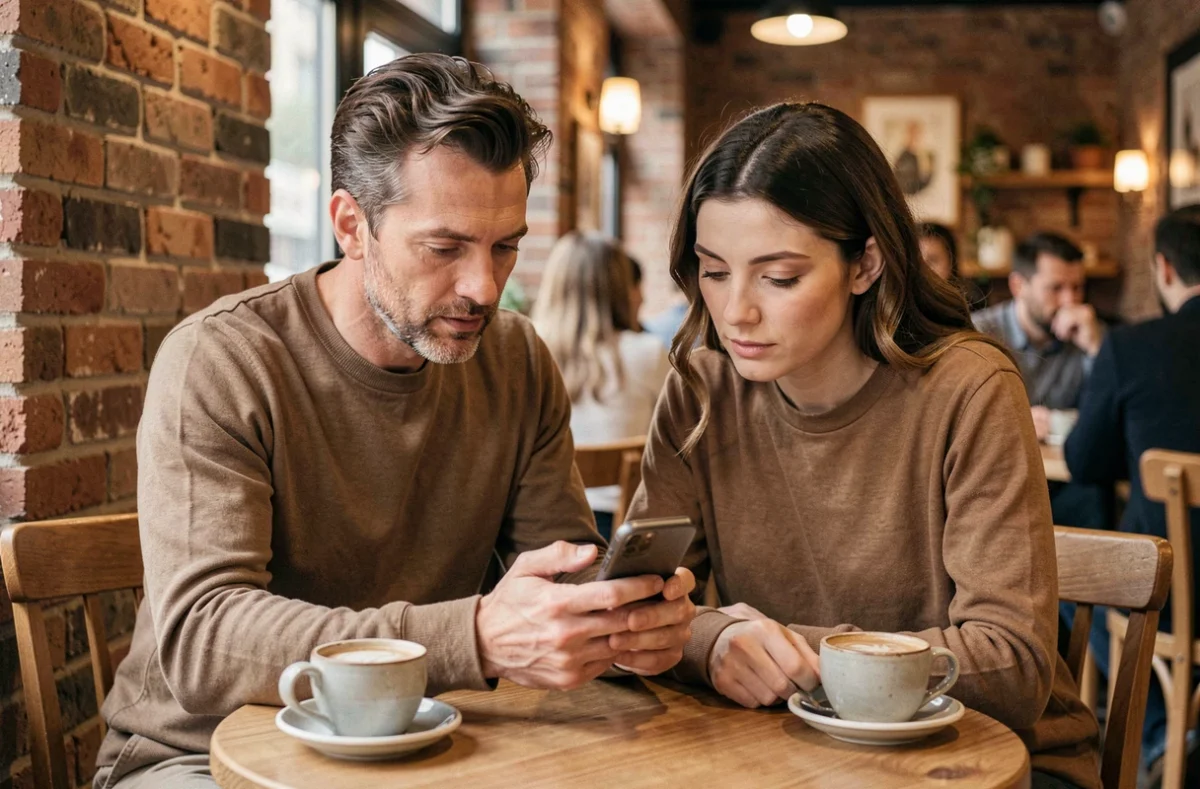 Deux personnes consultant des conseils de sécurité Dirvox ensemble sur un smartphone dans un café