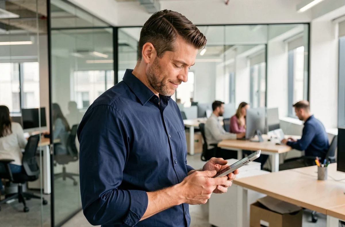 Homme professionnel vérifiant les paramètres de sécurité de Dirvox sur une tablette dans un bureau moderne