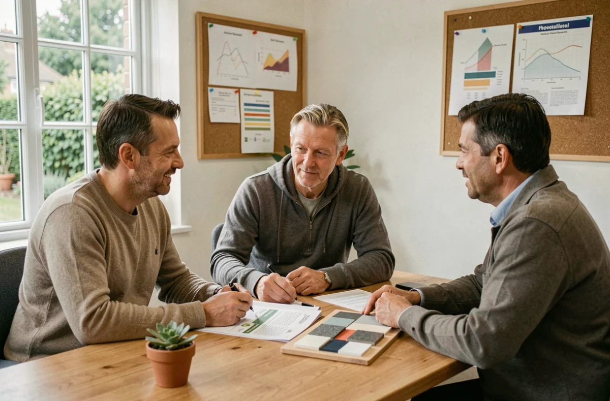 Couple rencontrant un conseiller en construction durable pour choisir un constructeur éco-responsable pour leur projet immobilier