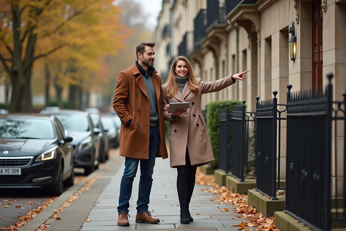 Couple évaluant un immeuble résidentiel en pierre pour un investissement immobilier dans une rue urbaine