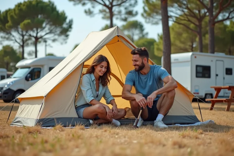 Couple installant une tente sur un camping en pleine nature dans le sud de la France entouré de pins