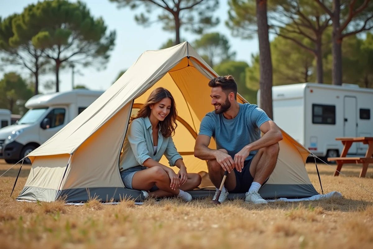 Couple installant une tente sur un camping en pleine nature dans le sud de la France entouré de pins