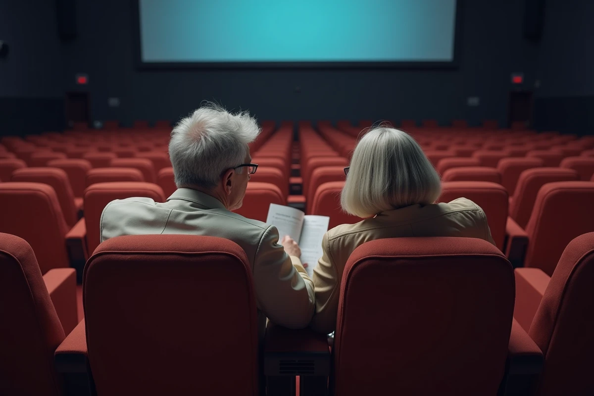 Couple senior regardant un programme de cinéma ensemble