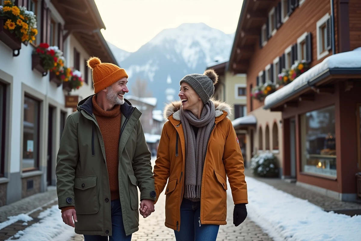 Couple souriant dans un village alpin enneige en Suisse