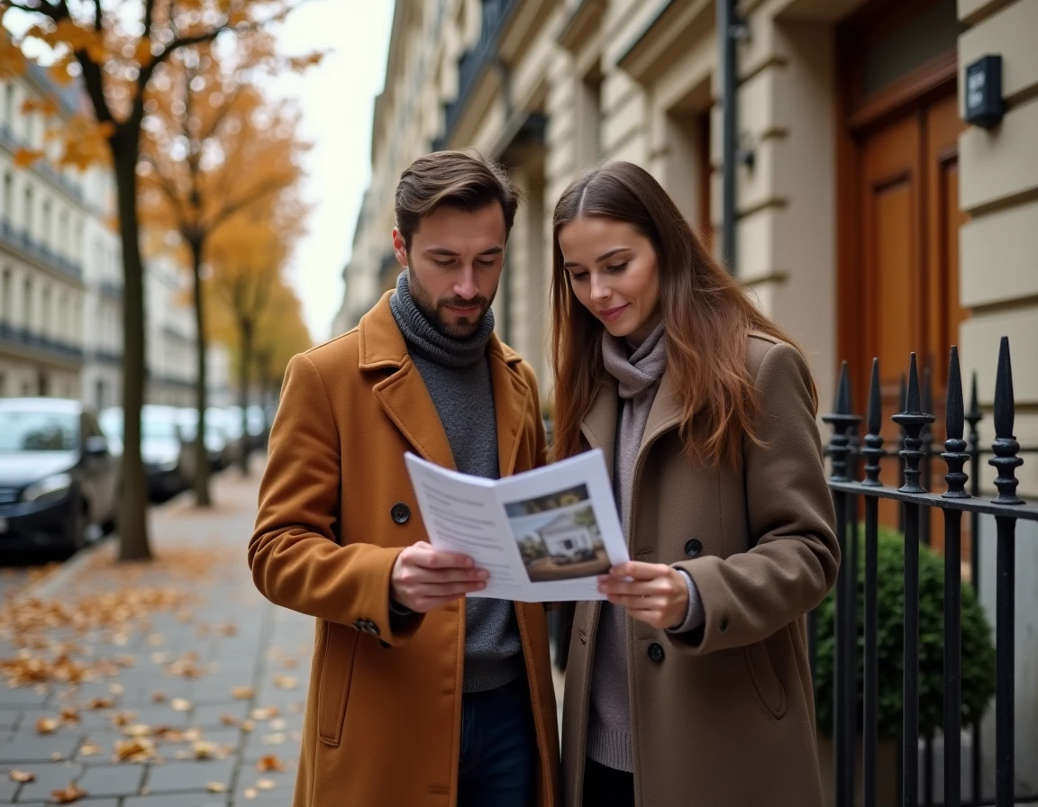 Couple consultant une brochure immobilière devant un immeuble en pierre dans une rue parisienne en automne