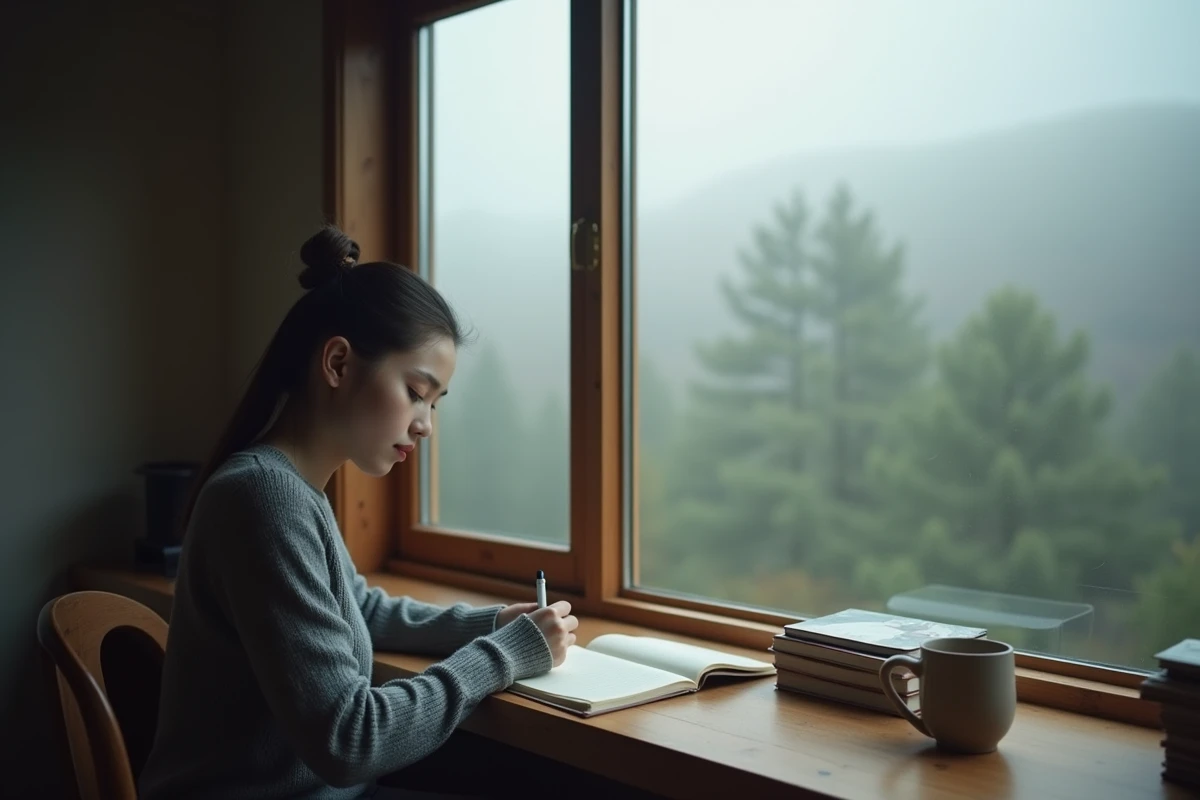 Personne écrivant dans un journal intime dans une pièce minimaliste avec vue sur une forêt brumeuse, illustrant la déconnexion volontaire et la solitude choisie
