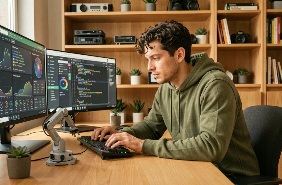 Développeur travaillant sur des interfaces d'intelligence artificielle et un prototype robotique à domicile