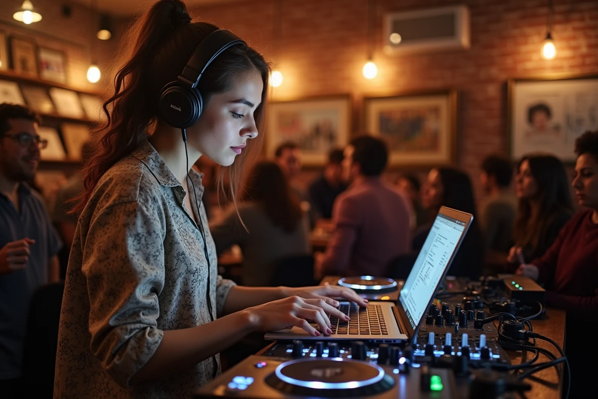 DJ femme mixant avec vinyles dans un lieu intérieur cosy