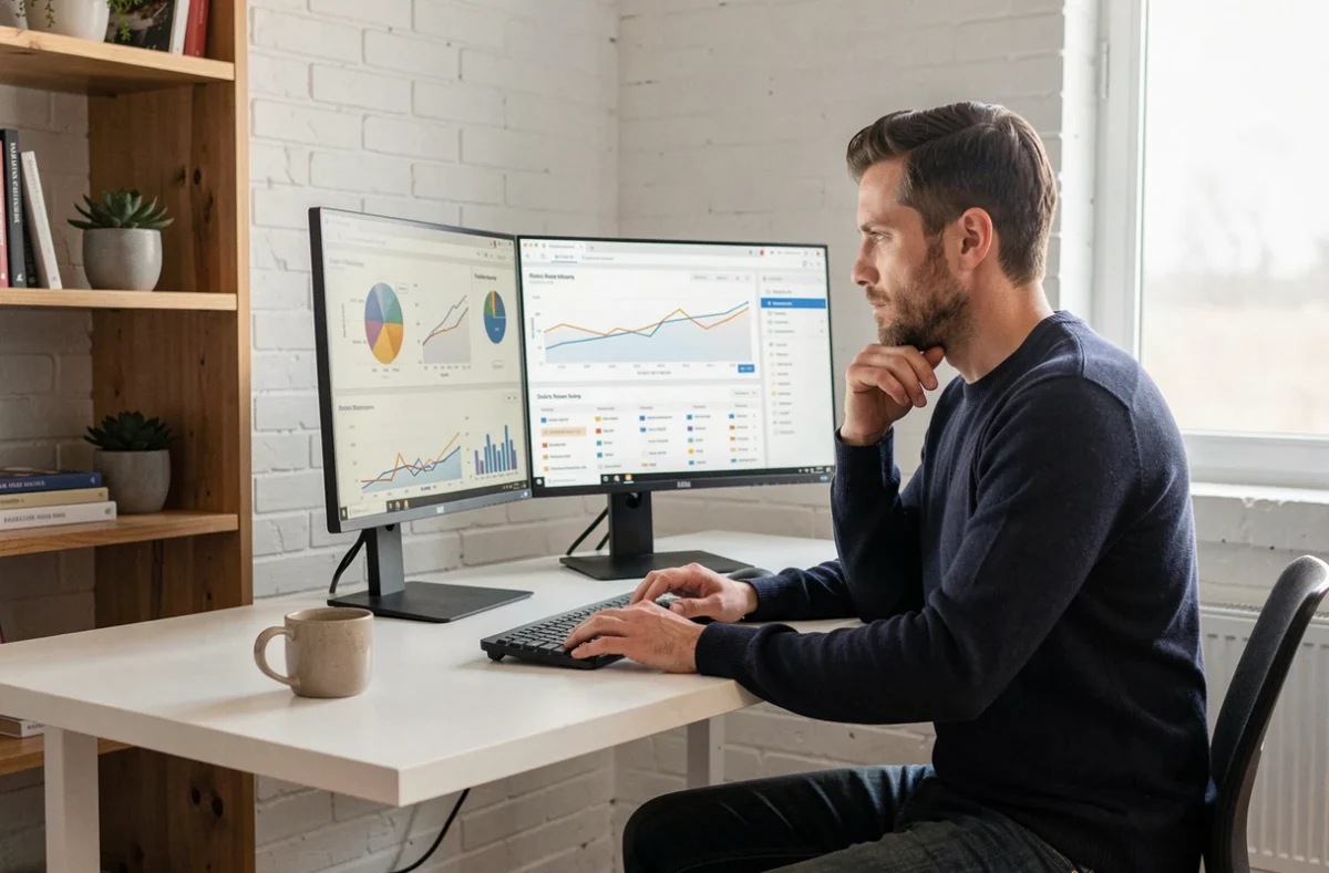 Entrepreneur concentré analysant des données d'intelligence business sur un double écran dans un bureau à domicile moderne