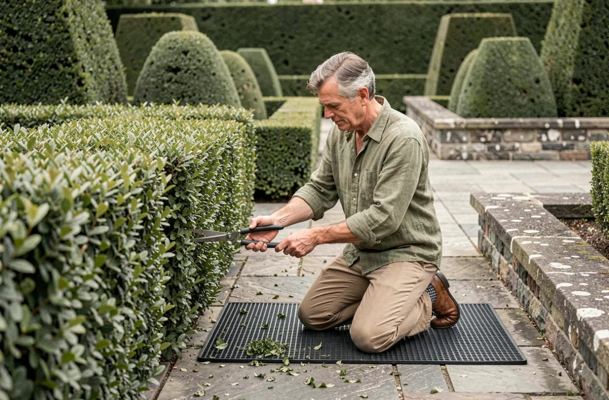 Homme taillant une haie ornementale dans un jardin formel avec des topiaires en buis géométriques