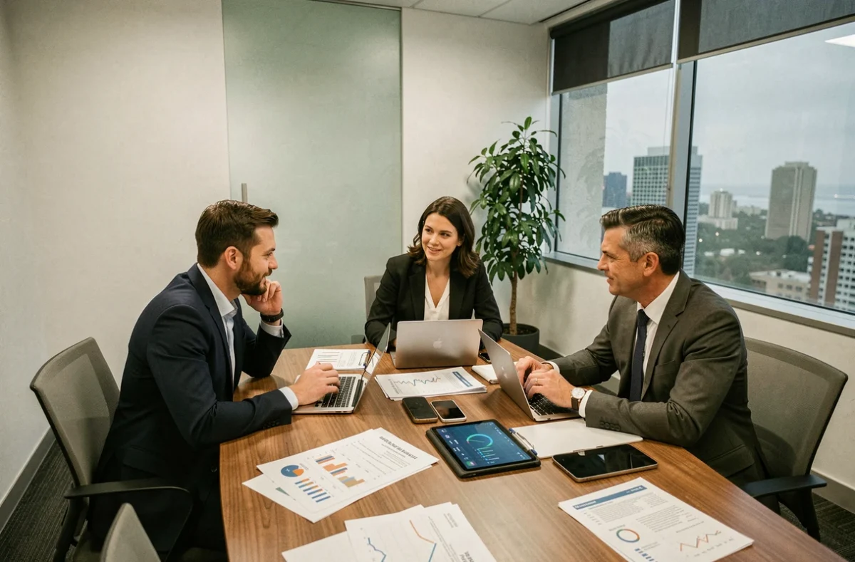 Équipe de professionnels discutant de stratégies d'intelligence business autour d'une table de réunion avec des données analytiques