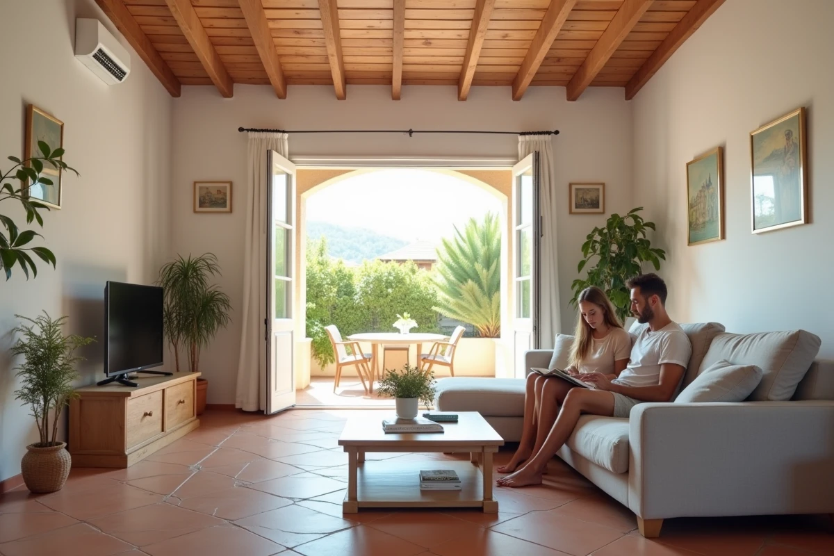 Famille profitant du confort d'une climatisation gainable dans un salon de style méditerranéen à Montpellier par temps chaud