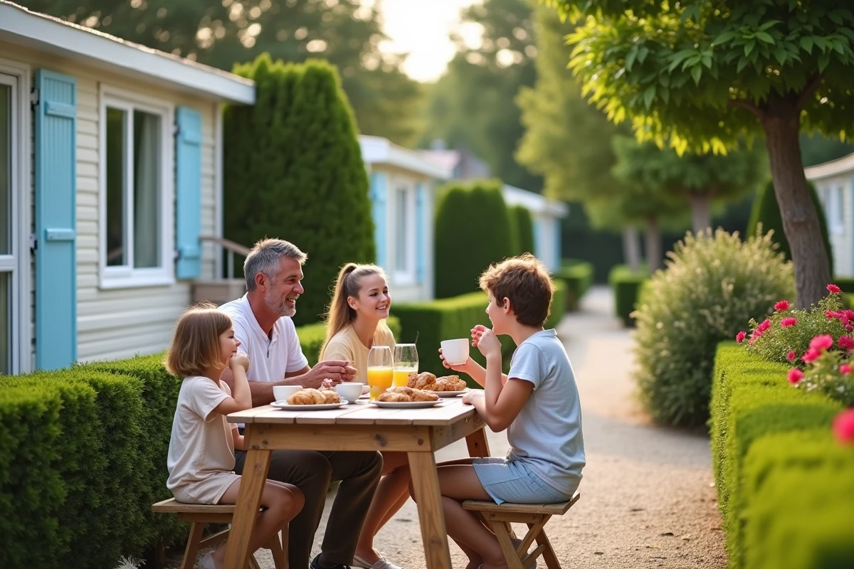 Famille prenant le petit déjeuner devant leur mobil-home dans un camping haut de gamme français