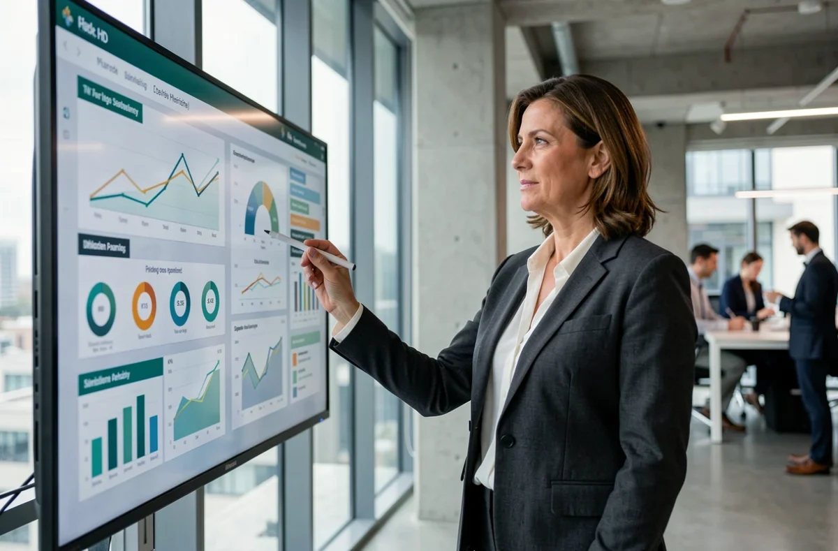 Femme d'affaires analysant des tableaux de bord d'intelligence business sur un écran interactif dans un bureau moderne