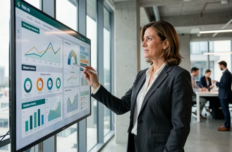 Femme d'affaires analysant des tableaux de bord d'intelligence business sur un écran interactif dans un bureau moderne