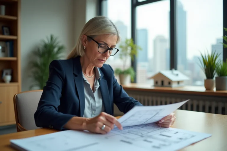Femme professionnelle analysant des documents immobiliers sur un bureau moderne pour préparer un investissement rentable