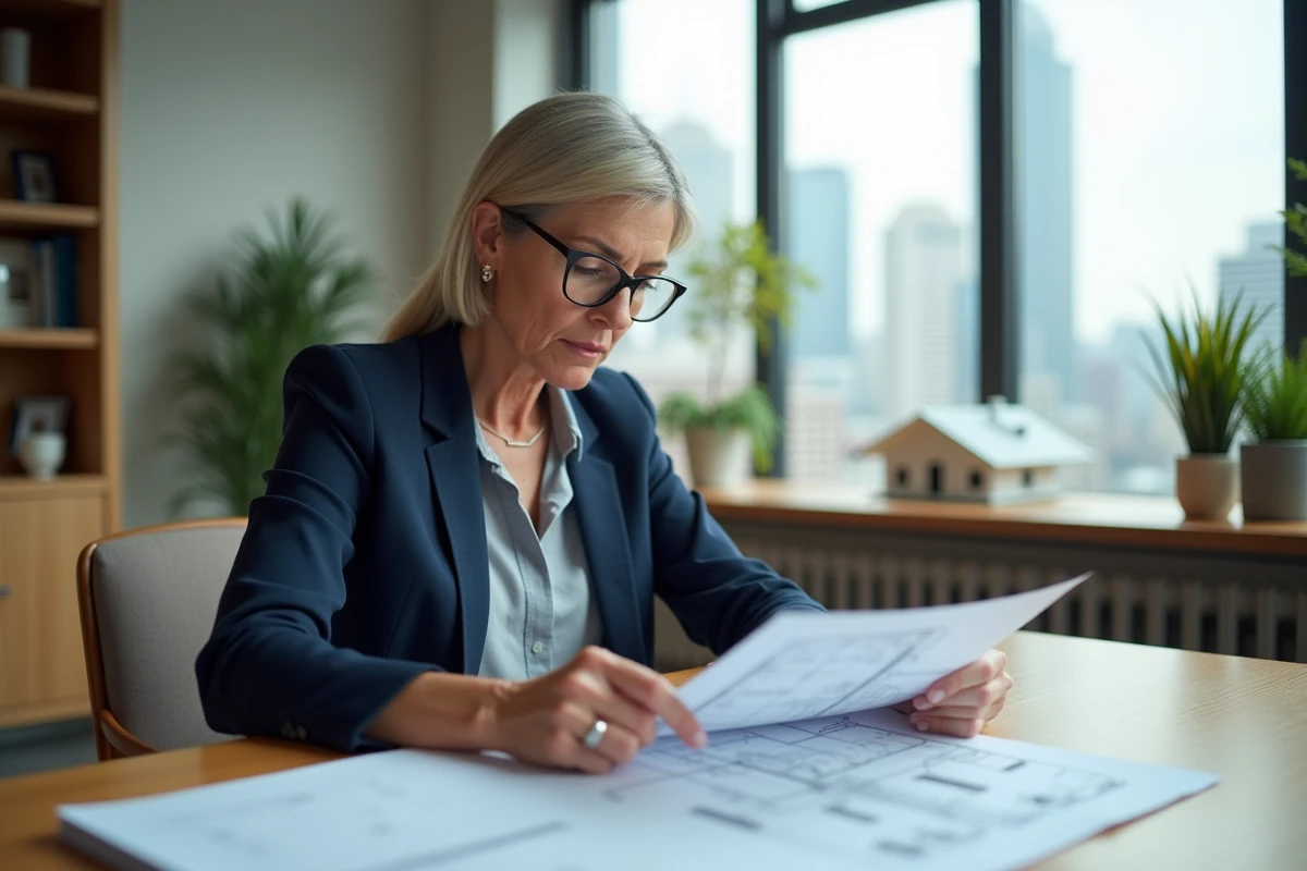 Femme professionnelle analysant des documents immobiliers sur un bureau moderne pour préparer un investissement rentable