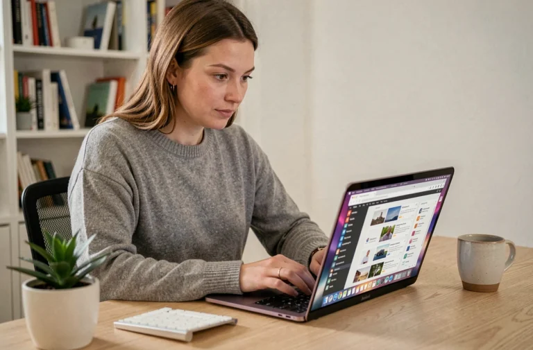Femme utilisant un ordinateur portable ultrabook pour explorer les dernières astuces high-tech et actualités web depuis son bureau minimaliste