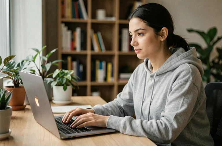 Jeune femme utilisant un ordinateur portable pour tchater anonymement en ligne depuis son bureau à domicile