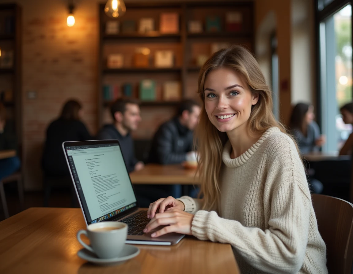 Jeune femme corrigeant un document en français sur son ordinateur portable dans un café