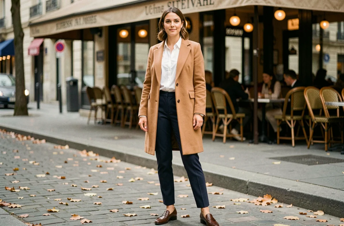 Femme élégante en manteau camel et pantalon marine sur un trottoir parisien en automne, style mode tendance quotidien