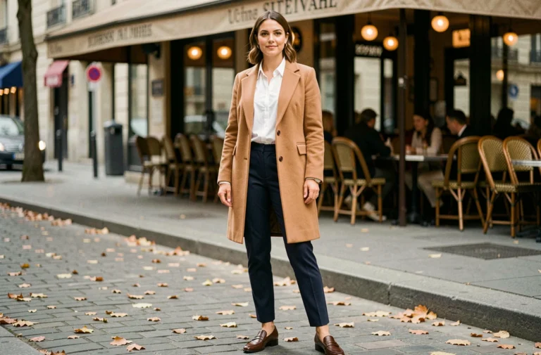 Femme élégante en manteau camel et pantalon marine sur un trottoir parisien en automne, style mode tendance quotidien
