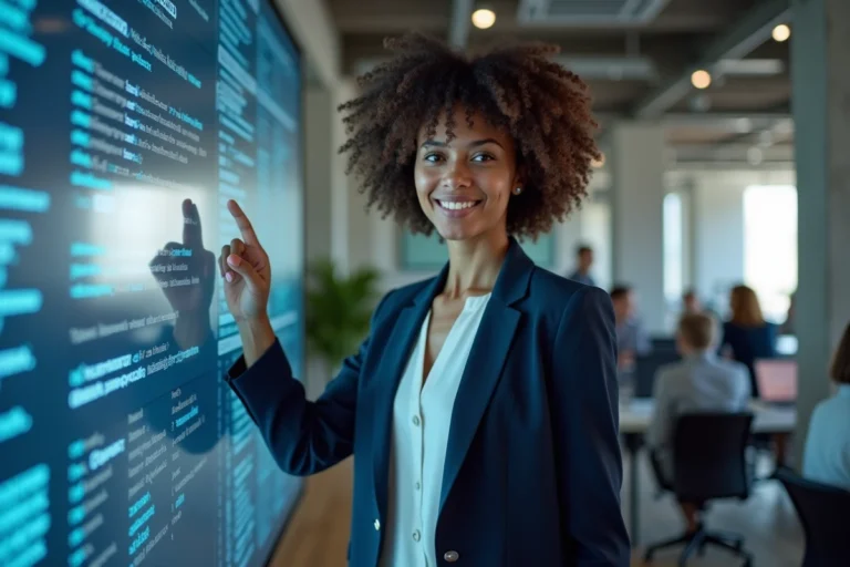 Femme ingénieure en technologie présentant des données sur un écran interactif dans un bureau moderne et inclusif