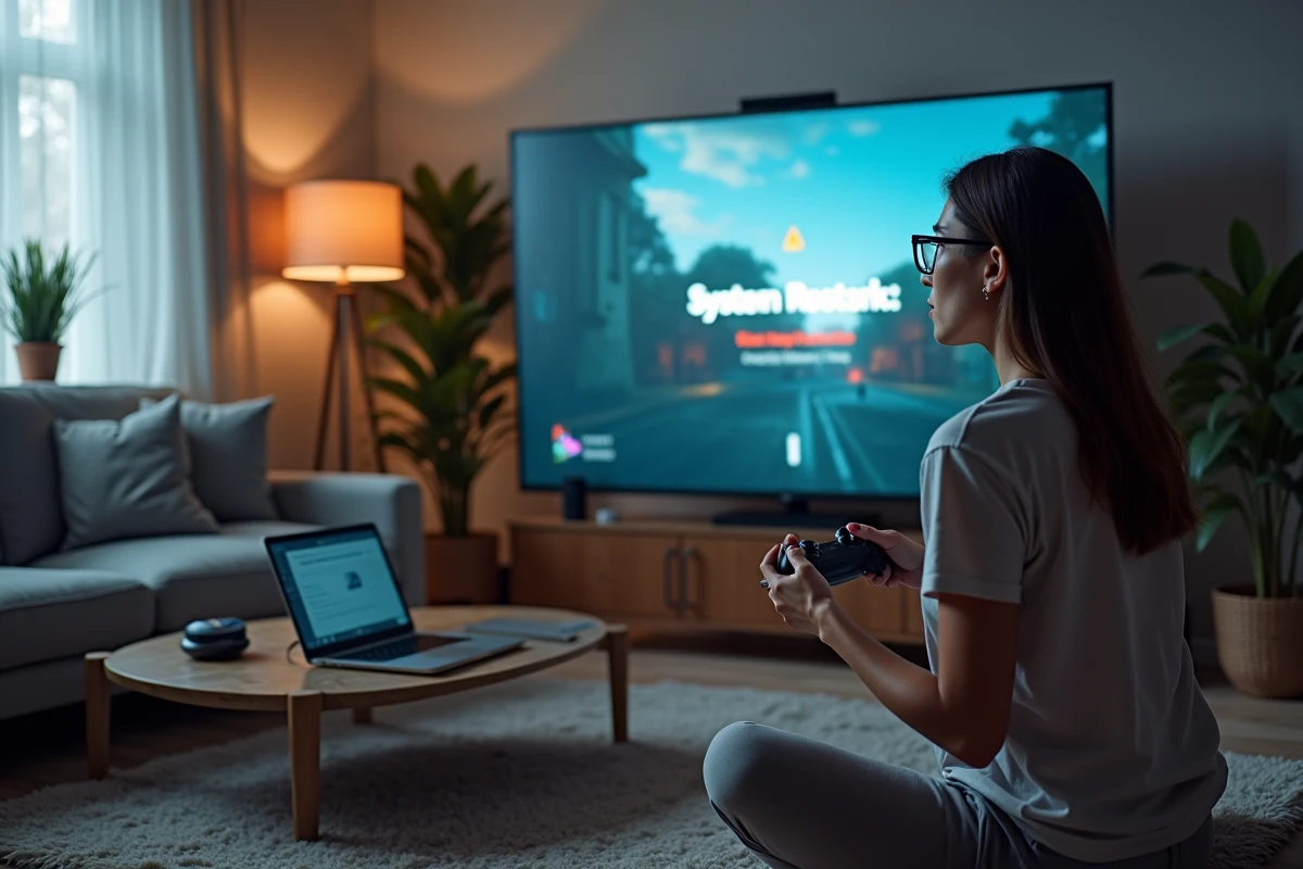 Femme jouant à la console avec message de systeme en fond