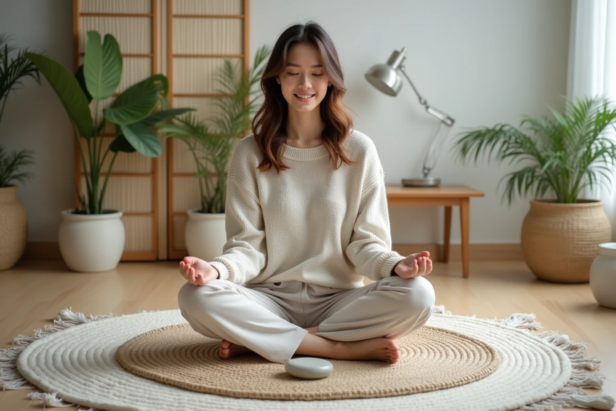 Jeune femme méditant avec pierres dans un salon naturel