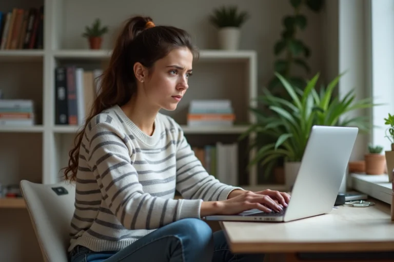 Jeune femme en intérieur tente de télécharger un GIF sur Facebook
