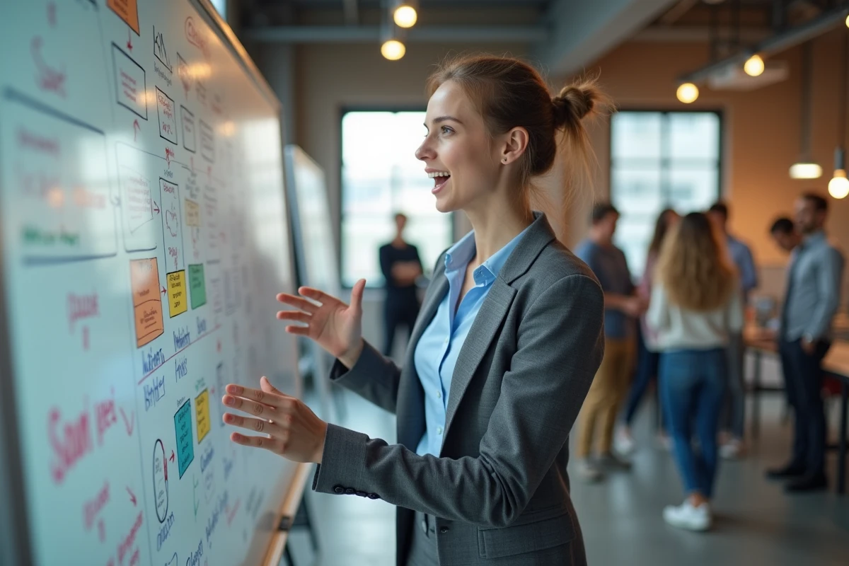 Jeune femme professionnelle expliquant un diagramme blanc
