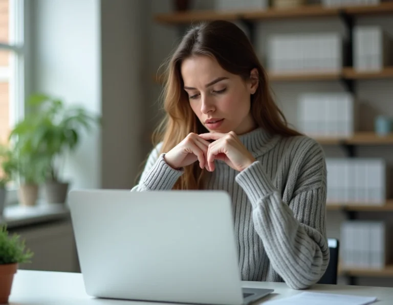 Femme au bureau cherchant à résoudre un problème de connexion sur son ordinateur portable