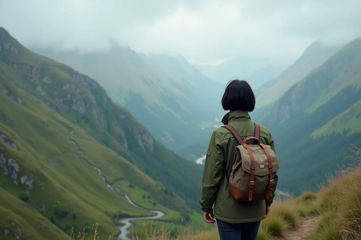 Femme de dos sur un sentier de montagne isolé face à une vallée nuageuse, symbolisant la rupture avec le quotidien et la recherche de discrétion dans la nature
