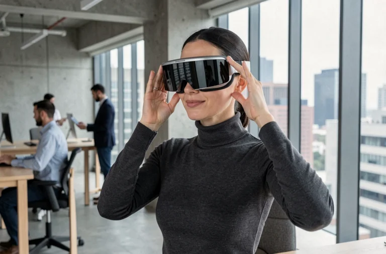 Femme utilisant un casque de réalité augmentée dans un bureau tech moderne en 2024