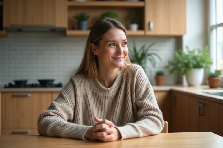 Femme de 35 ans assise à une table de cuisine moderne