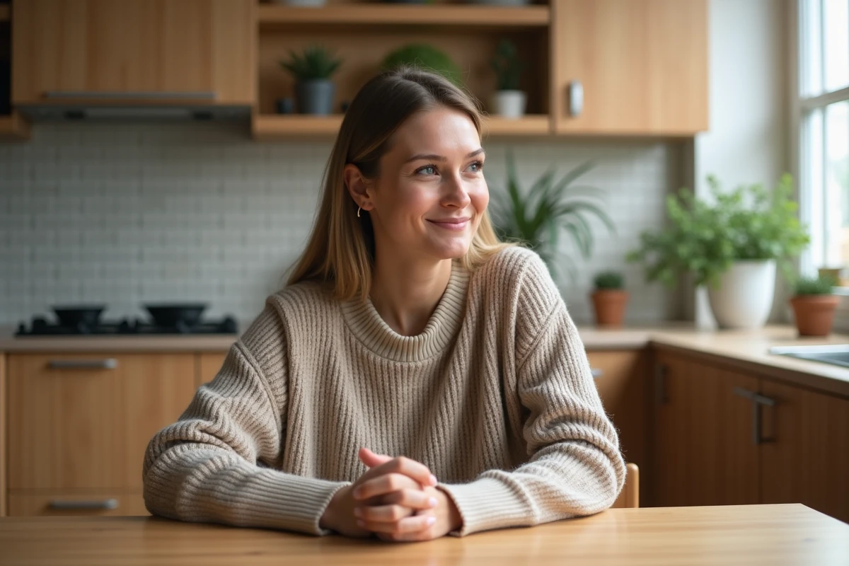 Femme de 35 ans assise à une table de cuisine moderne