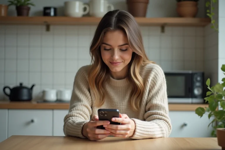 Femme utilisant Messenger dans une cuisine moderne